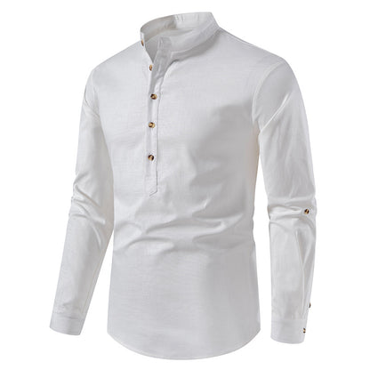 Chemise Henley en coton et lin pour homme, manches longues, style hippie, décontracté, pour la plage | A277