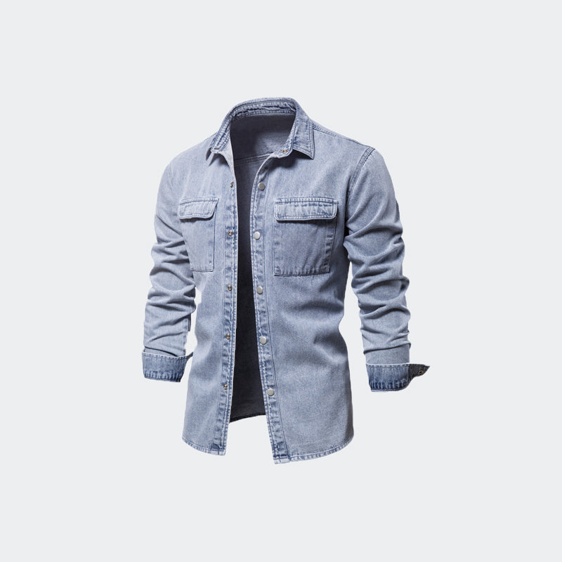 Camicia da uomo in denim lavato a maniche lunghe con bottoni Essential-6001