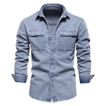 Camicia da uomo in denim lavato a maniche lunghe con bottoni Essential-6001