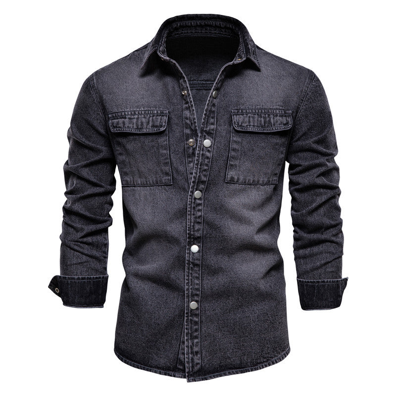 Camicia da uomo in denim lavato a maniche lunghe con bottoni Essential-6001