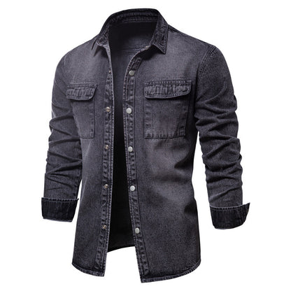 Camicia da uomo in denim lavato a maniche lunghe con bottoni Essential-6001