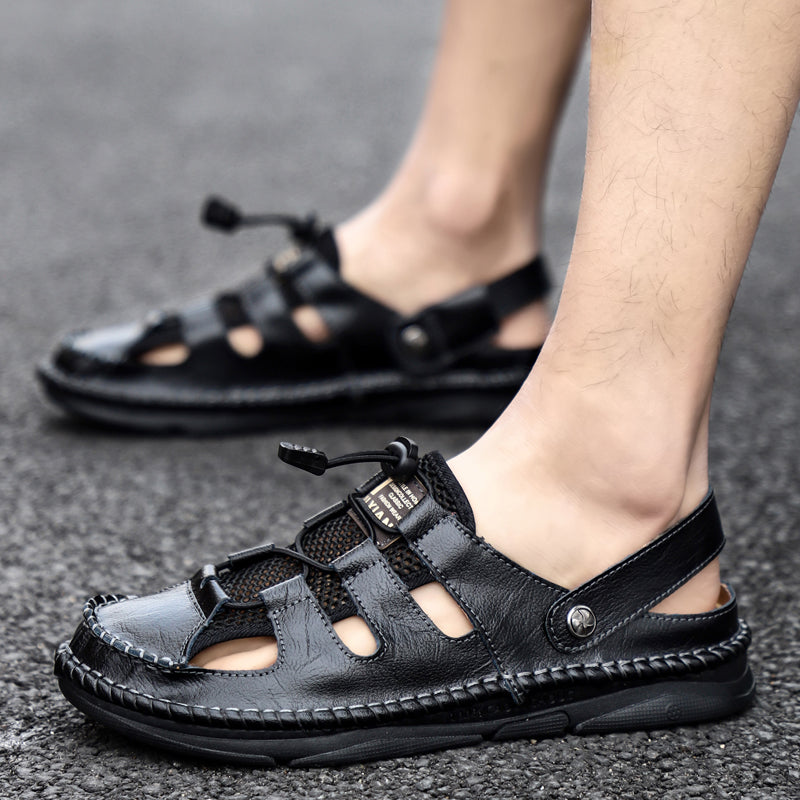 Herren-Sandalen aus Leder mit geschlossener Zehenpartie, sportlicher Riemen, verstellbar, 7060