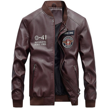 Men's Jacket Brand Embroidery PU Jackets Male Casual Warm Fleece Pilot Bomber Jacket Coat | 7702