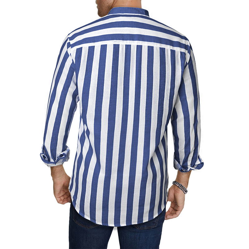Herren Button-Down-Langarmhemden Modisches Baumwoll-Leinen-Streifen-Freizeit-Strandhemd | MC255371-7019 