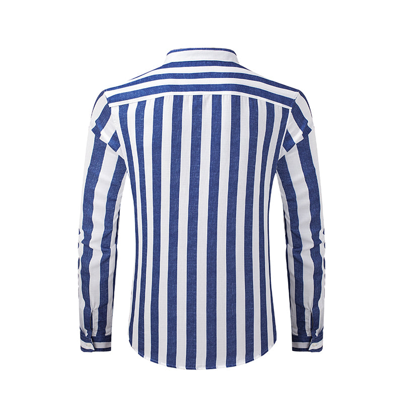 Herren Button-Down-Langarmhemden Modisches Baumwoll-Leinen-Streifen-Freizeit-Strandhemd | MC255371-7019 