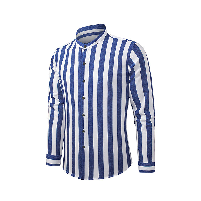 Herren Button-Down-Langarmhemden Modisches Baumwoll-Leinen-Streifen-Freizeit-Strandhemd | MC255371-7019 