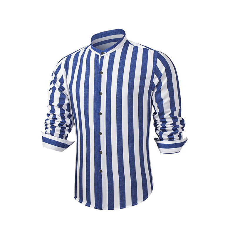 Herren Button-Down-Langarmhemden Modisches Baumwoll-Leinen-Streifen-Freizeit-Strandhemd | MC255371-7019 