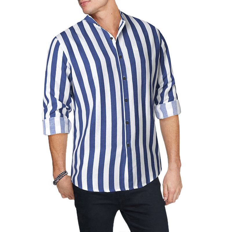 Herren Button-Down-Langarmhemden Modisches Baumwoll-Leinen-Streifen-Freizeit-Strandhemd | MC255371-7019 