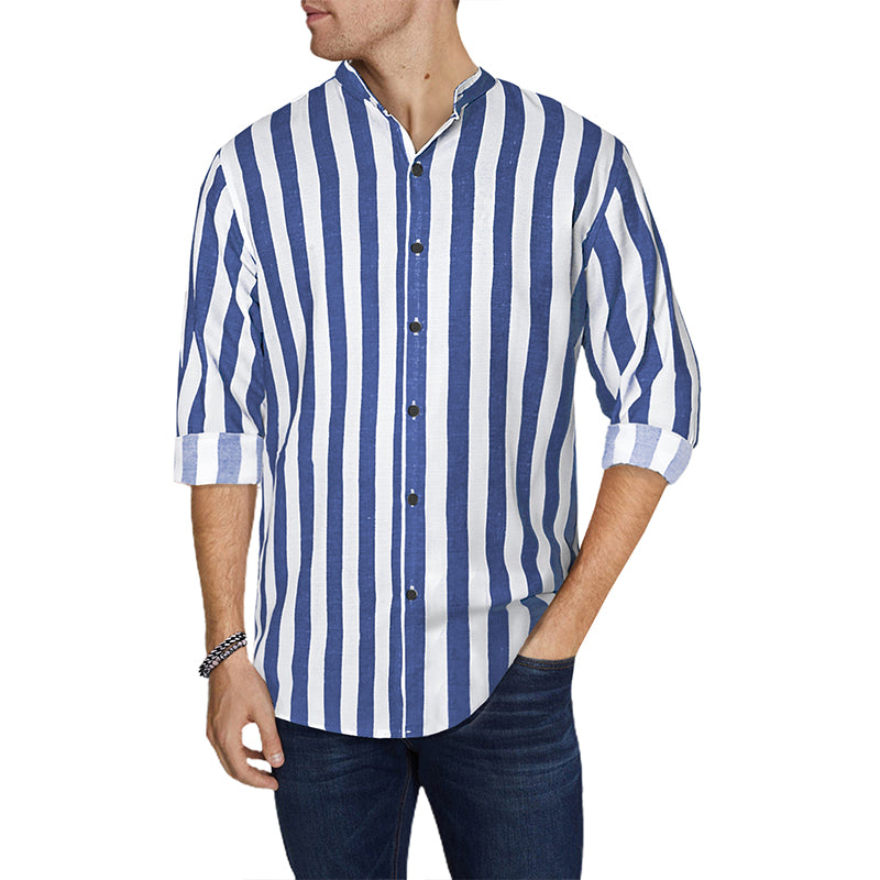 Herren Button-Down-Langarmhemden Modisches Baumwoll-Leinen-Streifen-Freizeit-Strandhemd | MC255371-7019 