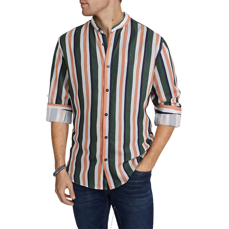 Men's Casual Long Sleeve Button-Down Shirts Striped Dress Shirts | MC255371