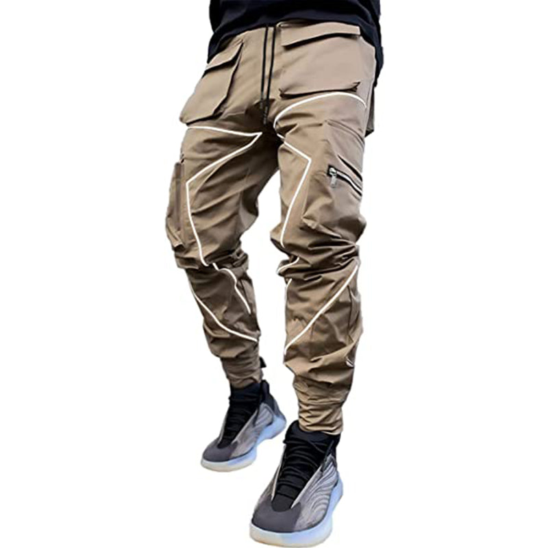 Khaki Fashion Herren Cargohose Hip Hop Elastischer Bund Kordelzug Street Jogger Jogginghose mit Taschen Jogging Punk | W302