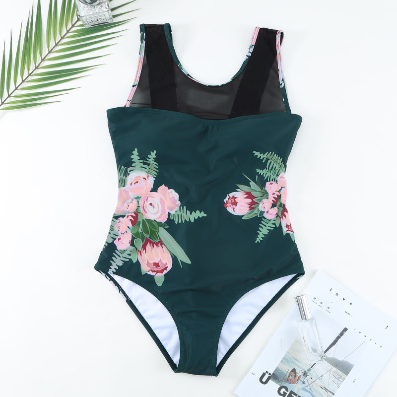 Maillot de bain une pièce à dos évasé en maille fleurie verte | LC442723