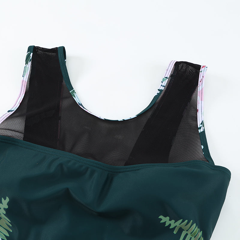 Maillot de bain une pièce à dos évasé en maille fleurie verte | LC442723