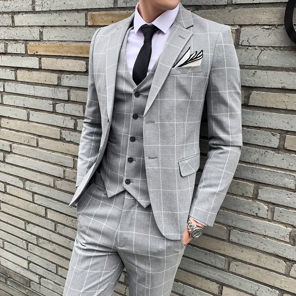 3-teiliger Slim Fit-Anzug für Herren mit Karomuster, formeller Business-Smoking, Blazer + Weste + Hose | 812