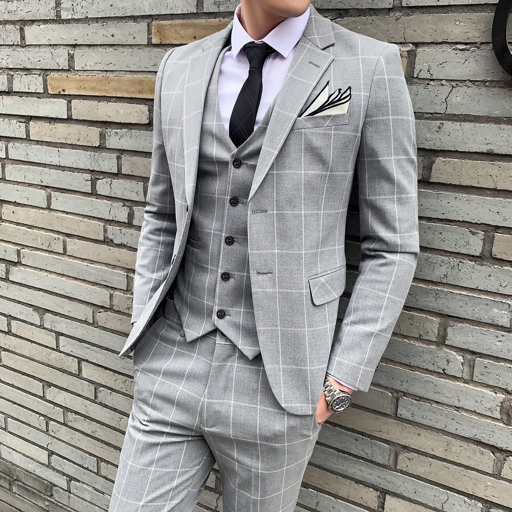3-teiliger Slim Fit-Anzug für Herren mit Karomuster, formeller Business-Smoking, Blazer + Weste + Hose | 812