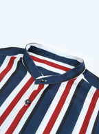 Lässiges Herrenhemd aus Baumwolle mit Streifen und langen Ärmeln und Leinengefühl, Stehkragen, Button-Down-Hemd | +MC255371-4019 