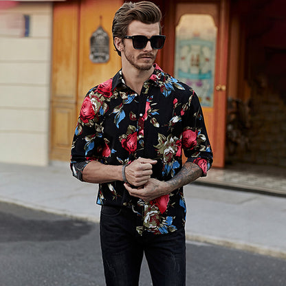 Black Men's Long Sleeve Floral Print Shirt Hawaiian Button-Down Dress Shirt | MC255372-22