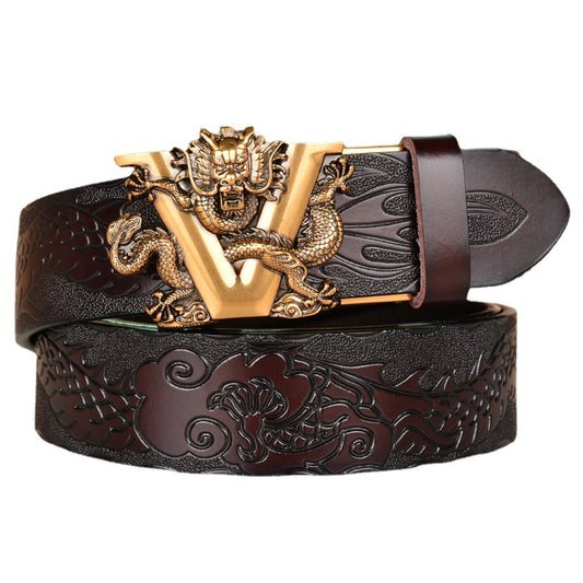 Mens Ratchet Belt Genuine Leather Belt with Automatic Alloy V Dragon Buckle