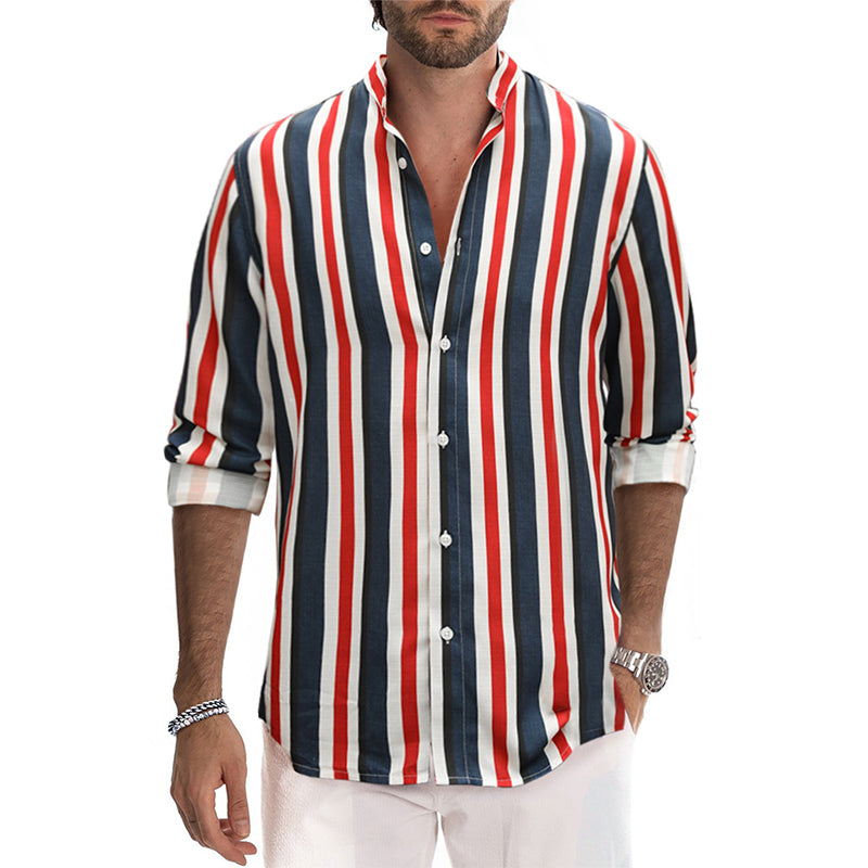 Lässiges Herrenhemd aus Baumwolle mit Streifen und langen Ärmeln und Leinengefühl, Stehkragen, Button-Down-Hemd | +MC255371-4019 