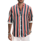 Lässiges Herrenhemd aus Baumwolle mit Streifen und langen Ärmeln und Leinengefühl, Stehkragen, Button-Down-Hemd | +MC255371-4019 