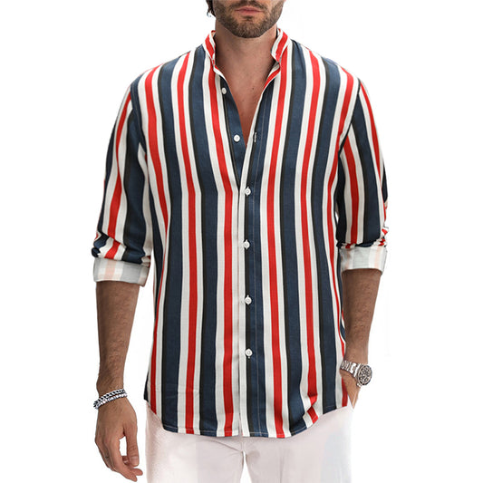 Chemise boutonnée à manches longues et col montant pour homme, décontractée, en coton, à rayures et au toucher lin | +MC255371-4019 