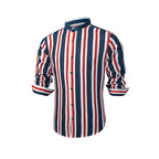 Lässiges Herrenhemd aus Baumwolle mit Streifen und langen Ärmeln und Leinengefühl, Stehkragen, Button-Down-Hemd | +MC255371-4019 