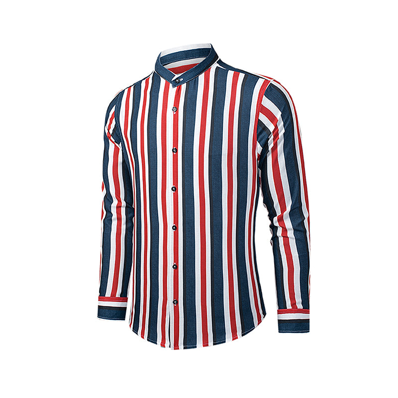 Lässiges Herrenhemd aus Baumwolle mit Streifen und langen Ärmeln und Leinengefühl, Stehkragen, Button-Down-Hemd | +MC255371-4019 
