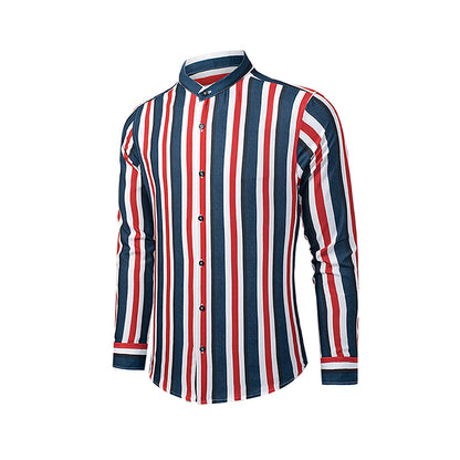 Mens Casual Cotton Striped Long Sleeve Linen Feel Shirts Band Collar Button Down Shirt | +MC255371-4019