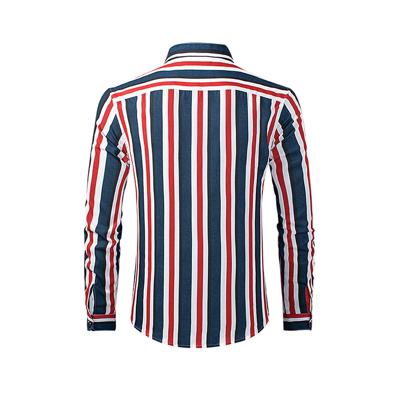Lässiges Herrenhemd aus Baumwolle mit Streifen und langen Ärmeln und Leinengefühl, Stehkragen, Button-Down-Hemd | +MC255371-4019 