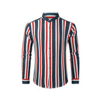 Lässiges Herrenhemd aus Baumwolle mit Streifen und langen Ärmeln und Leinengefühl, Stehkragen, Button-Down-Hemd | +MC255371-4019 