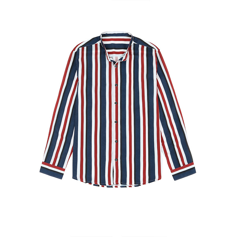 Lässiges Herrenhemd aus Baumwolle mit Streifen und langen Ärmeln und Leinengefühl, Stehkragen, Button-Down-Hemd | +MC255371-4019 