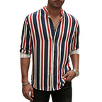 Lässiges Herrenhemd aus Baumwolle mit Streifen und langen Ärmeln und Leinengefühl, Stehkragen, Button-Down-Hemd | +MC255371-4019 