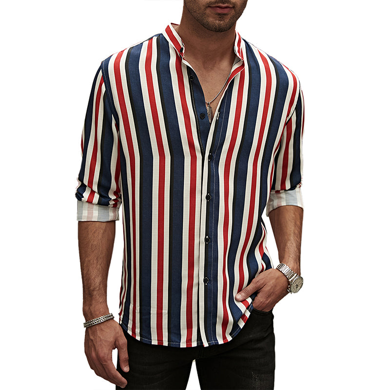 Mens Casual Cotton Striped Long Sleeve Linen Feel Shirts Band Collar Button Down Shirt | +MC255371-4019