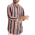 Lässiges Herrenhemd aus Baumwolle mit Streifen und langen Ärmeln und Leinengefühl, Stehkragen, Button-Down-Hemd | +MC255371-4019 