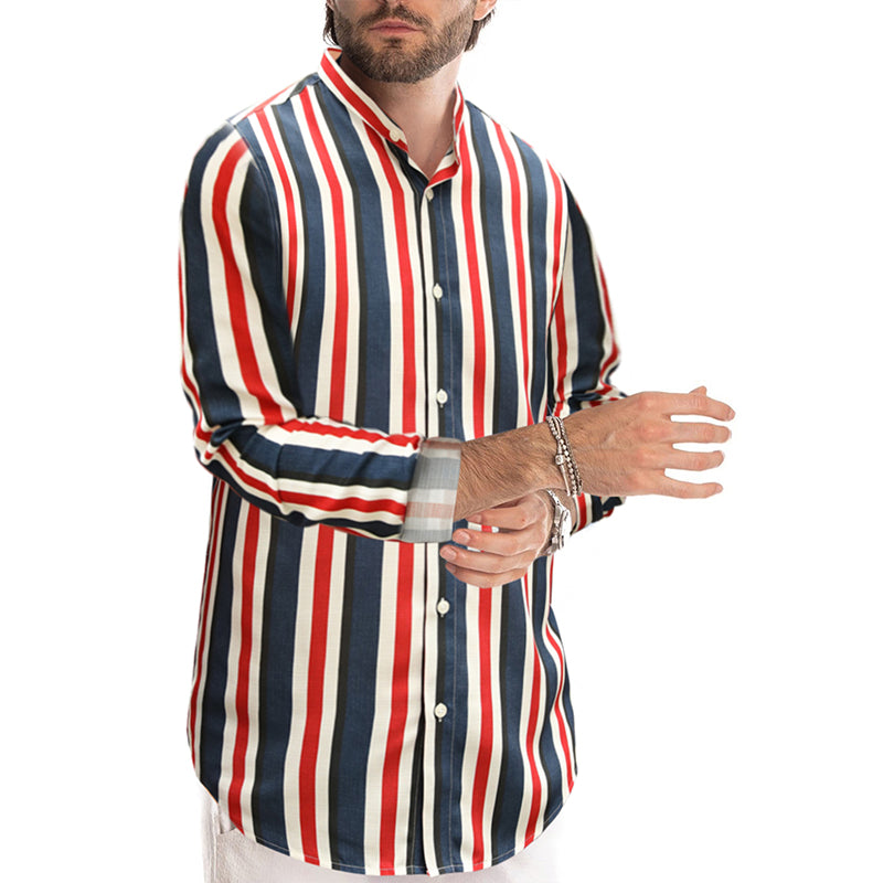 Mens Casual Cotton Striped Long Sleeve Linen Feel Shirts Band Collar Button Down Shirt | +MC255371-4019