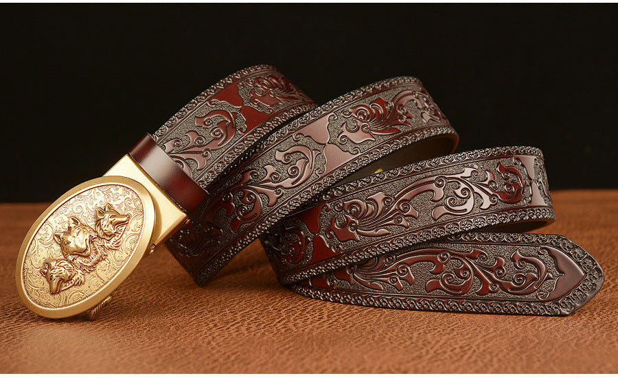 Herren-Ratschengürtel, Echtledergürtel mit automatischer Wolfsschnalle aus Legierung | TCZD003