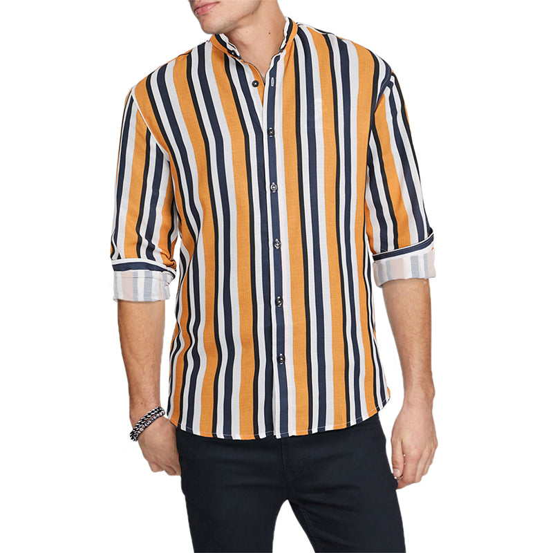 Men's Casual Long Sleeve Button-Down Shirts Striped Dress Shirts | MC255371