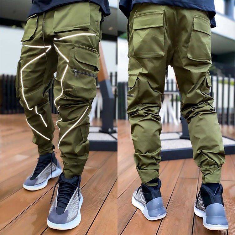 Herrenmode Reflektorstreifen Slim Fit Gym Workout Jogger Cargohose Knöchelband | W302 