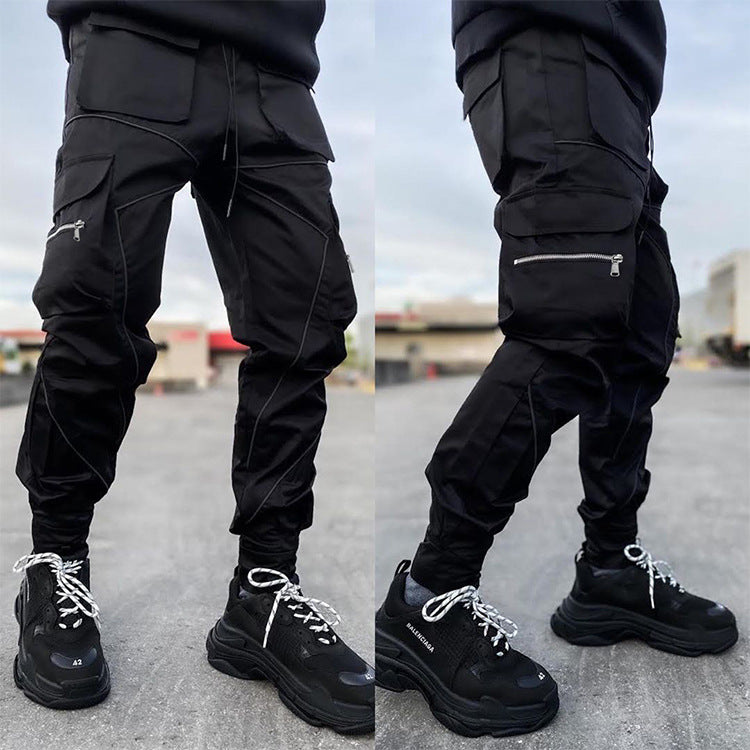 Herrenmode Reflektorstreifen Slim Fit Gym Workout Jogger Cargohose Knöchelband | W302 