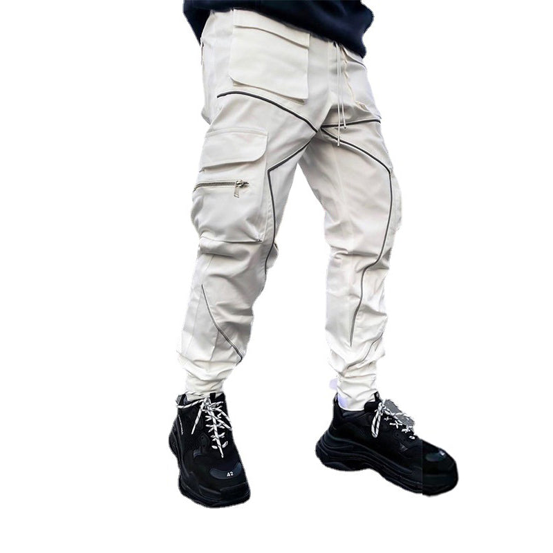 Weiße Herren Multi Pocket Fashion Cargohose Technische reflektierende Jogginghose | W302 