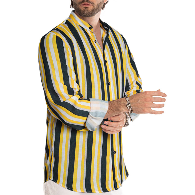 Men's Casual Long Sleeve Button-Down Shirts Striped Dress Shirts | MC255371