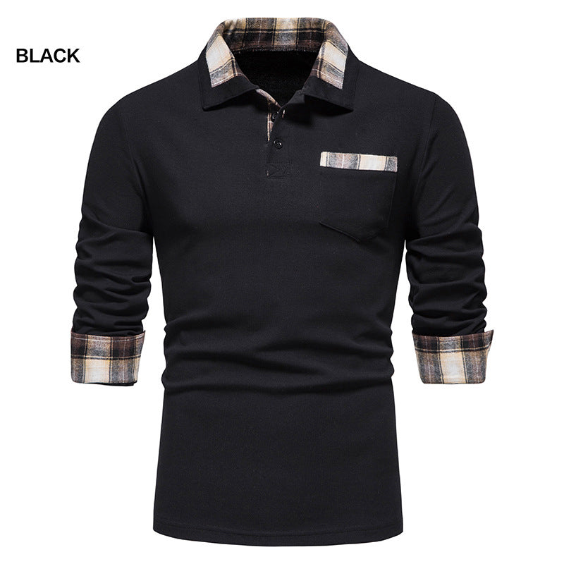 Lässiges Herren-Poloshirt mit Langarm und Karokragen und Taschen | D81