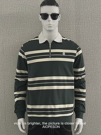 Men's Casual Golf Long Sleeve Half Zip Striped Polo Shirt | PL218