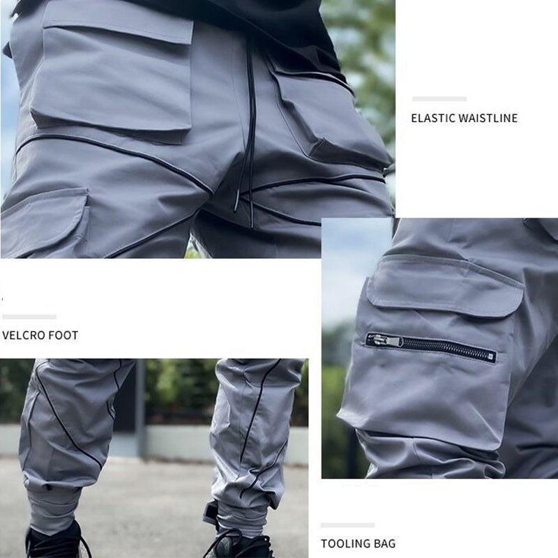 Pantaloni cargo multitasche alla moda da uomo grigi Pantaloni da jogging riflettenti tecnici | W302