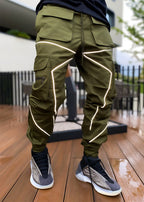 Herrenmode Reflektorstreifen Slim Fit Gym Workout Jogger Cargohose Knöchelband | W302 