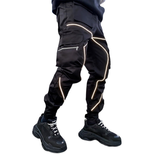 Men' s Fashion Reflective Strips Slim Fit Gym Workout Jogger Cargo Pants Ankle Banded | W302