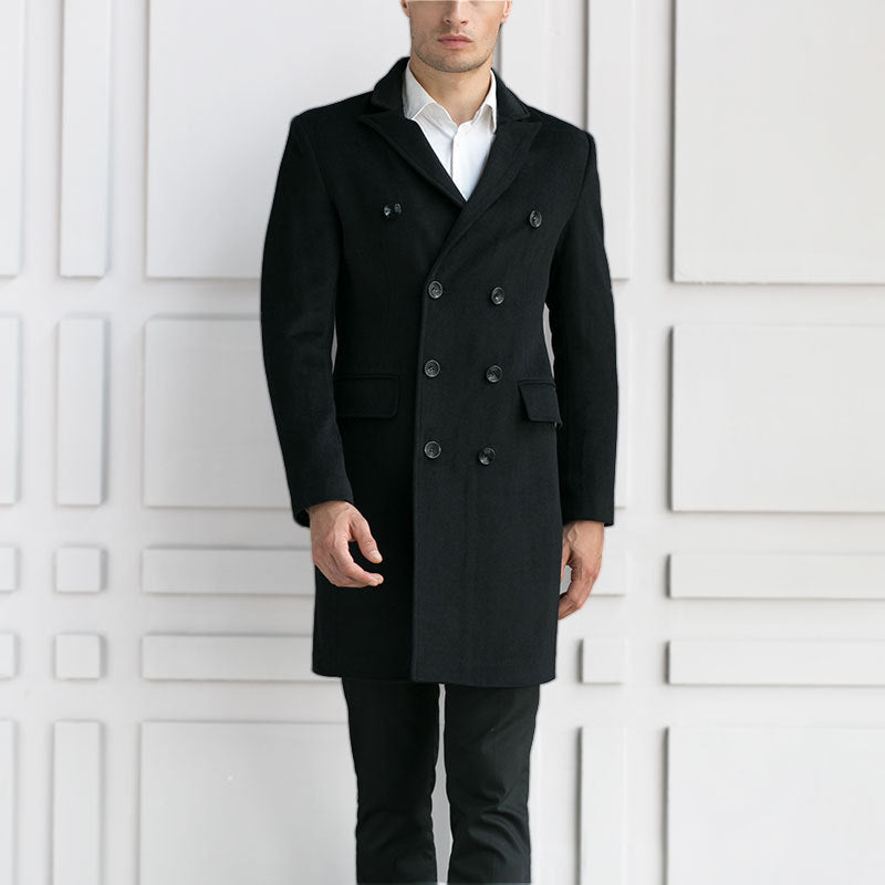 Manteau mi-long classique à double boutonnage en laine mélangée pour homme | 1721