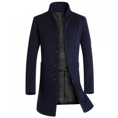 Trench-coat mi-long à col montant pour homme, manteau en laine à simple boutonnage | 825