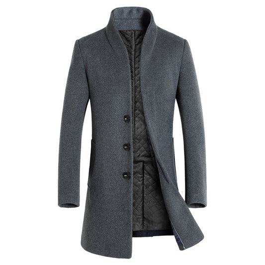 Trench-coat mi-long à col montant pour homme, manteau en laine à simple boutonnage | 825