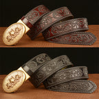 Herren-Ratschengürtel, Echtledergürtel mit automatischer Wolfsschnalle aus Legierung | TCZD003